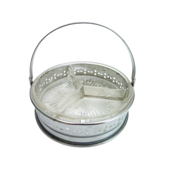 Vintage Metal & Glass Divided Candy Dish Condiment, Jewelry Tray Silver Tone - Picture 1 of 4